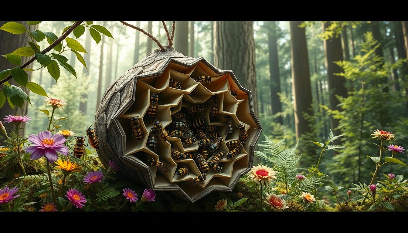a highly detailed, hyper-realistic digital illustration of a bald-faced hornet (Dolichovespula maculata) nest situated in a lush, verdant natural environment. The foreground features the intricate, hexagonal paper-like structure of the hornet's nest, with individual insects meticulously rendered, showcasing their distinctive black and white striped bodies and vibrant yellow faces. The middle ground depicts the surrounding foliage, including flowering plants, ferns, and mosses, creating a sense of harmony between the nest and its natural habitat. The background immerses the viewer in a serene forest setting, with tall trees, filtered sunlight, and a tranquil atmosphere. The lighting is natural and diffused, highlighting the textures and details of the nest and its environment. The overall composition conveys the delicate ecological balance and the vital role of the bald-faced hornet within its ecosystem. a highly detailed, hyper-realistic digital illustration of a bald-faced hornet (Dolichovespula maculata) nest situated in a lush, verdant natural environment. The foreground features the intricate, hexagonal paper-like structure of the hornet's nest, with individual insects meticulously rendered, showcasing their distinctive black and white striped bodies and vibrant yellow faces. The middle ground depicts the surrounding foliage, including flowering plants, ferns, and mosses, creating a sense of harmony between the nest and its natural habitat. The background immerses the viewer in a serene forest setting, with tall trees, filtered sunlight, and a tranquil atmosphere. The lighting is natural and diffused, highlighting the textures and details of the nest and its environment. The overall composition conveys the delicate ecological balance and the vital role of the bald-faced hornet within its ecosystem.