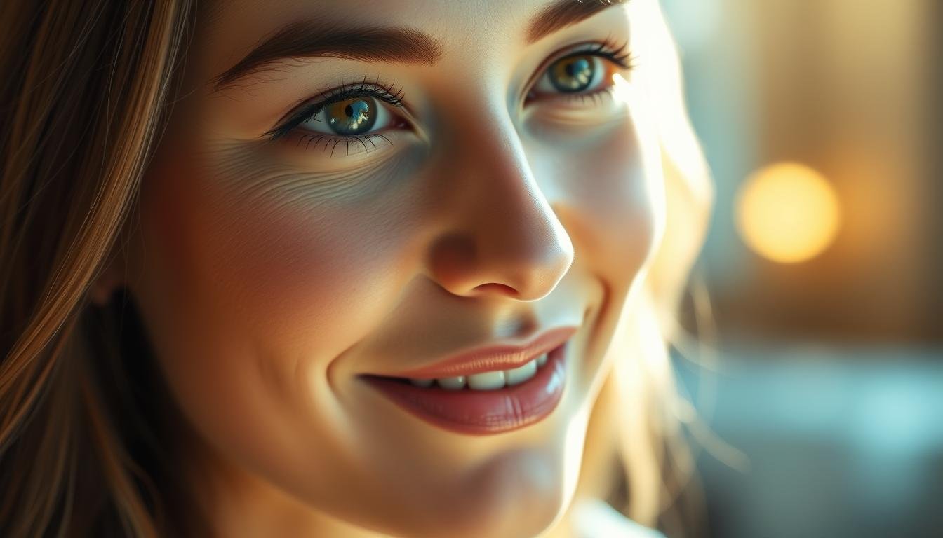 A beautifully lit close-up portrait showcasing a delicate "beauty mark" near the corner of the subject's mouth. The lighting is soft and flattering, creating a warm, romantic atmosphere. The subject's face is serene, with a hint of a gentle smile, exuding an aura of effortless grace and charm. The background is subtly blurred, allowing the focus to remain on the captivating facial feature. The image captures the essence of the "food/beauty mark" and its association with fortune, success, and eloquence, as described in the article section.