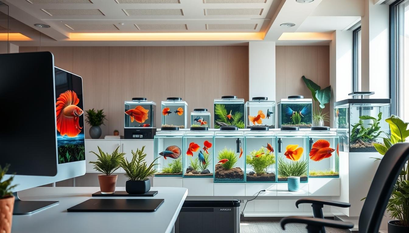 A bright and well-organized office space, featuring an array of colorful aquarium setups showcasing various types of fighting fish. The foreground depicts a sleek, minimalist desk with a computer monitor, plants, and a glass tank housing a vibrant betta fish. The middle ground showcases multiple aquariums of different sizes, each containing different fighting fish species, their fins flaring and colors vivid. The background blends clean, modern architectural elements with soothing, nature-inspired decor, creating a harmonious and productive work environment. Soft, diffused lighting casts a warm glow, highlighting the captivating movements and hues of the fighting fish. The overall composition conveys a sense of balance, beauty, and the potential for these aquatic creatures to enhance one's personal and professional well-being.