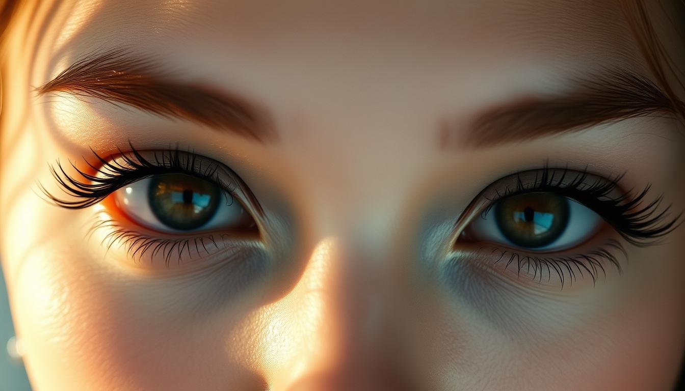 A captivating close-up portrait of a woman's eyes, showcasing the alluring "peach blossom" gaze. Soft, warm lighting accentuates the delicate features, from the gentle curve of the eyelids to the fluttering lashes. The irises have a mesmerizing, almost otherworldly quality, hinting at the individual's depth of character and intuitive nature. The gaze is both alluring and introspective, drawing the viewer in while suggesting a complex inner world. The composition is tightly framed, focusing entirely on the expressive eyes and creating an intimate, contemplative atmosphere. Overall, the image embodies the captivating essence of the "peach blossom eyes" and their implications in physiognomy. A captivating close-up portrait of a woman's eyes, showcasing the alluring "peach blossom" gaze. Soft, warm lighting accentuates the delicate features, from the gentle curve of the eyelids to the fluttering lashes. The irises have a mesmerizing, almost otherworldly quality, hinting at the individual's depth of character and intuitive nature. The gaze is both alluring and introspective, drawing the viewer in while suggesting a complex inner world. The composition is tightly framed, focusing entirely on the expressive eyes and creating an intimate, contemplative atmosphere. Overall, the image embodies the captivating essence of the "peach blossom eyes" and their implications in physiognomy.