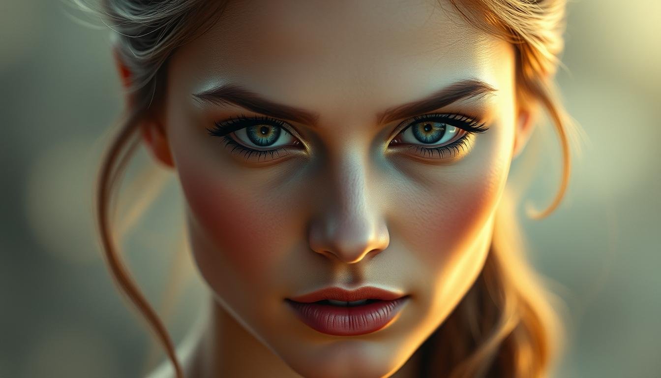 A captivating portrait of a woman with striking "phoenix eyes" - deep, alluring eyes with a mesmerizing gaze. Her face is delicately beautiful, with high cheekbones, full lips, and flawless skin. Soft, diffused lighting casts a warm, ethereal glow, accentuating her serene, confident expression. She exudes an air of quiet elegance and inner strength, her regal bearing suggesting a touch of noble lineage. The background is hazy and dreamlike, placing the focus entirely on her enchanting visage and the mysterious, magnetic power of her piercing gaze.