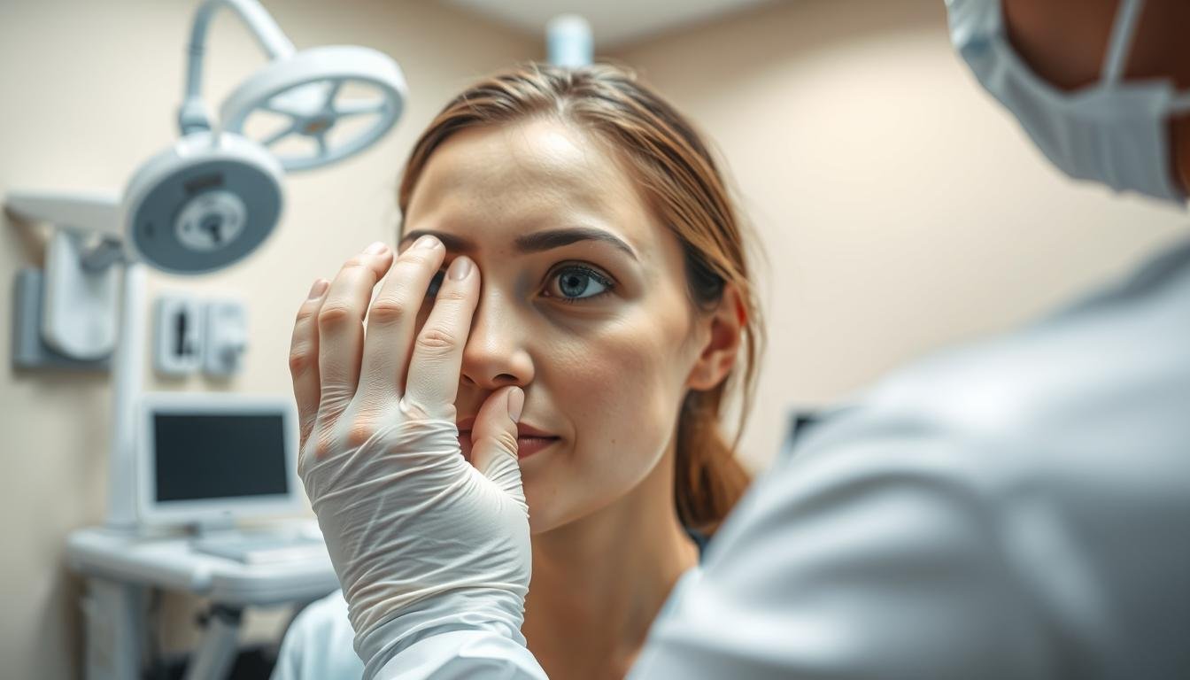 A clean, well-lit medical office setting. In the foreground, a doctor's hands carefully examining a patient's face, highlighting a troublesome mole. The middle ground shows various medical instruments and equipment, conveying a sense of professionalism and care. In the background, soothing neutral-toned walls and subtle lighting create a calming, reassuring atmosphere. The composition emphasizes the doctor's expertise and the patient's trust, reflecting the safety and effectiveness of the available medical options for mole removal.