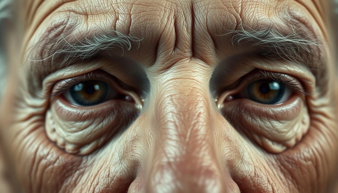 A close-up, detailed portrait of a pair of elderly eyes, showcasing the intricate network of fine lines and wrinkles around the eyelids and the corners of the eyes. The skin has a natural, weathered texture, with a muted, neutral color palette. The lighting is soft and diffused, creating gentle shadows that accentuate the depth and contours of the facial features. The eyes are open and alert, conveying a sense of wisdom and experience. The overall composition is balanced and centered, drawing the viewer's attention to the expressive and revealing details of the "eye wrinkles". The image has a contemplative, serene mood, reflecting the quiet sophistication of the subject matter.