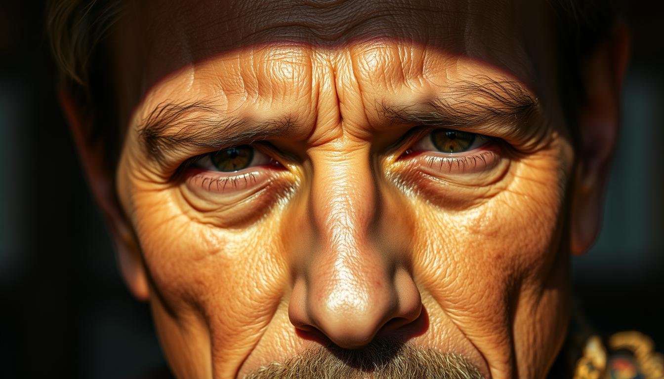 A close-up of a serene, masculine face with prominent, angular cheekbones and a strong jawline. The lighting is warm and directional, casting shadows that accentuate the subject's features. The skin has a weathered, lived-in quality, suggesting a life of experience and responsibility. The gaze is steady and self-assured, conveying a sense of authority and command. The background is blurred, placing the focus squarely on the subject's face and its expressive power. This image captures the essence of a man in a position of social status and influence, one who has shouldered the weight of his duties with unwavering resolve. A close-up of a serene, masculine face with prominent, angular cheekbones and a strong jawline. The lighting is warm and directional, casting shadows that accentuate the subject's features. The skin has a weathered, lived-in quality, suggesting a life of experience and responsibility. The gaze is steady and self-assured, conveying a sense of authority and command. The background is blurred, placing the focus squarely on the subject's face and its expressive power. This image captures the essence of a man in a position of social status and influence, one who has shouldered the weight of his duties with unwavering resolve.
