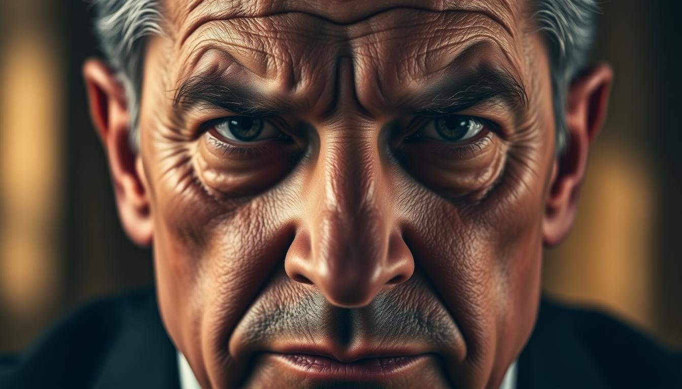 A close-up portrait featuring a confident, authoritative figure with a strong, distinctive nose and prominent forehead lines. The lighting is dramatic, with shadows accentuating the facial features and creating a sense of depth and dimension. The background is blurred, keeping the focus on the face and its defining characteristics. The expression conveys a sense of decisiveness, wisdom, and self-assurance, reflecting the subject's inner qualities. The overall composition and mood evoke a sense of depth and insight, aligning with the theme of understanding the secrets and practical applications of physiognomy.