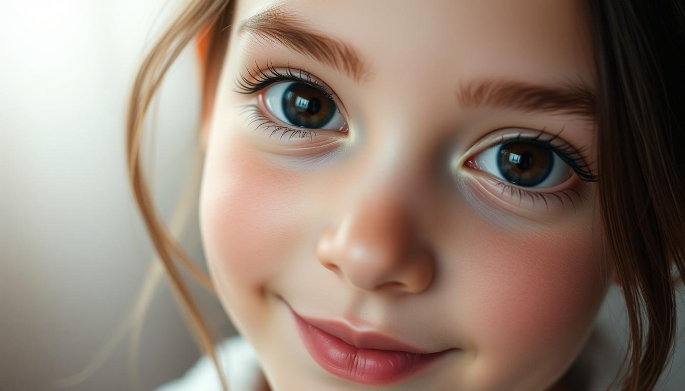 A close-up portrait of a delicate, rounded face with large, expressive eyes that are wide and gently almond-shaped. The eyes are dark and shimmering, with a soft, doe-like gaze that radiates warmth and approachability. The skin is flawless and luminous, with a youthful, rosy glow. The lighting is soft and diffused, creating a gentle, inviting atmosphere. The background is blurred and hazy, allowing the subject's face to be the central focus. The overall impression is one of gentle, friendly charm and a welcoming, open demeanor. A close-up portrait of a delicate, rounded face with large, expressive eyes that are wide and gently almond-shaped. The eyes are dark and shimmering, with a soft, doe-like gaze that radiates warmth and approachability. The skin is flawless and luminous, with a youthful, rosy glow. The lighting is soft and diffused, creating a gentle, inviting atmosphere. The background is blurred and hazy, allowing the subject's face to be the central focus. The overall impression is one of gentle, friendly charm and a welcoming, open demeanor.