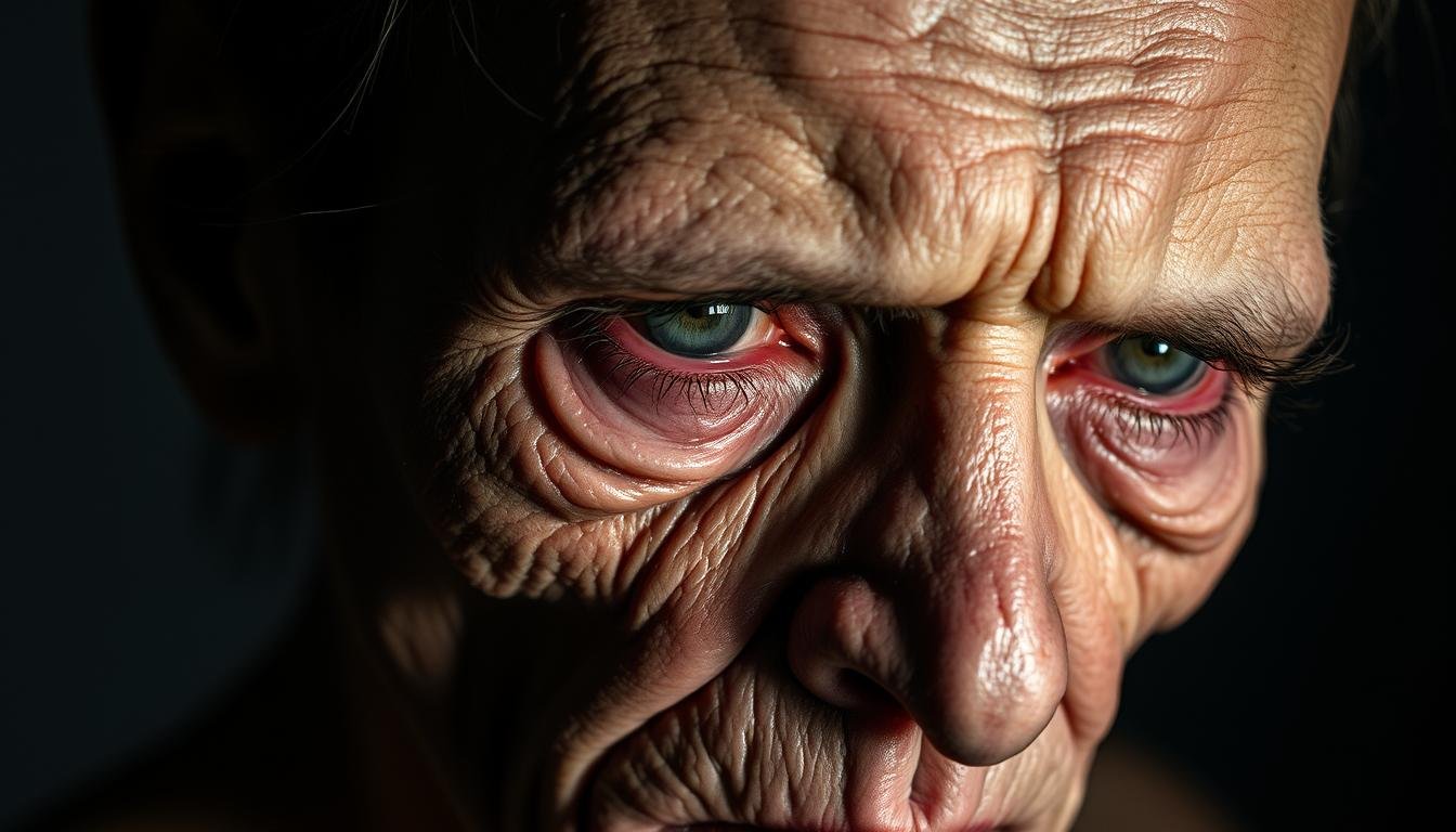 A close-up portrait of a face with sunken, hollow cheeks and a gaunt, emaciated appearance. The skin appears dehydrated and weathered, with deep wrinkles and shadows accentuating the sunken features. The eyes are sunken and weary, with dark circles beneath them. The lighting is dramatic, casting deep shadows that further emphasize the hollowness of the face. The background is blurred and out of focus, keeping the attention on the unsettling, weathered facial features. The overall mood is somber and unsettling, conveying a sense of physical and emotional distress.