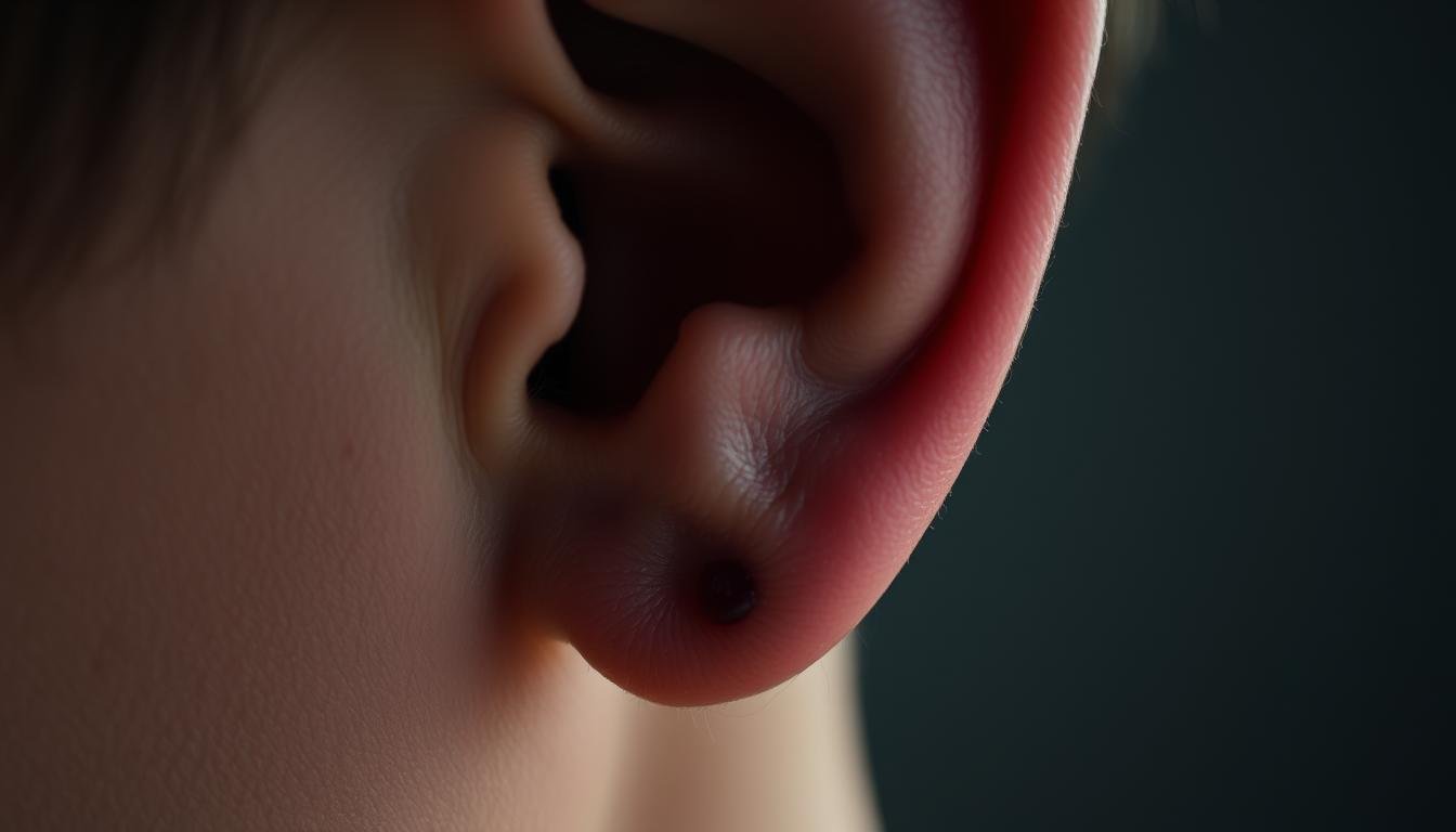 A close-up portrait of a human ear, with a prominent mole or birthmark visible on the earlobe. The skin texture is realistic, with fine details like pores and subtle wrinkles. The lighting is soft and diffused, creating gentle shadows that accentuate the contours of the ear. The background is blurred and out of focus, drawing the viewer's attention to the distinctive ear feature. The overall mood is one of introspection and curiosity, inviting the viewer to study the unique characteristics of this aspect of the human body. A close-up portrait of a human ear, with a prominent mole or birthmark visible on the earlobe. The skin texture is realistic, with fine details like pores and subtle wrinkles. The lighting is soft and diffused, creating gentle shadows that accentuate the contours of the ear. The background is blurred and out of focus, drawing the viewer's attention to the distinctive ear feature. The overall mood is one of introspection and curiosity, inviting the viewer to study the unique characteristics of this aspect of the human body.
