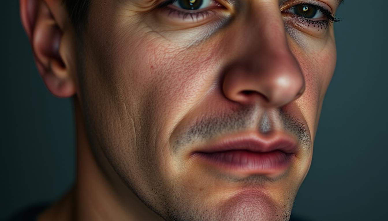 A close-up portrait of a person with a receding chin, revealing prominent facial features. The lighting is soft and directional, creating subtle shadows that accentuate the contours of the face. The skin tones are natural and realistic, with a slight matte finish. The expression on the subject's face conveys a sense of thoughtfulness, introspection, and a quiet determination. The background is blurred, placing the focus entirely on the face and drawing the viewer's attention to the distinct jawline. The overall mood is one of contemplation and a sense of inner strength.
