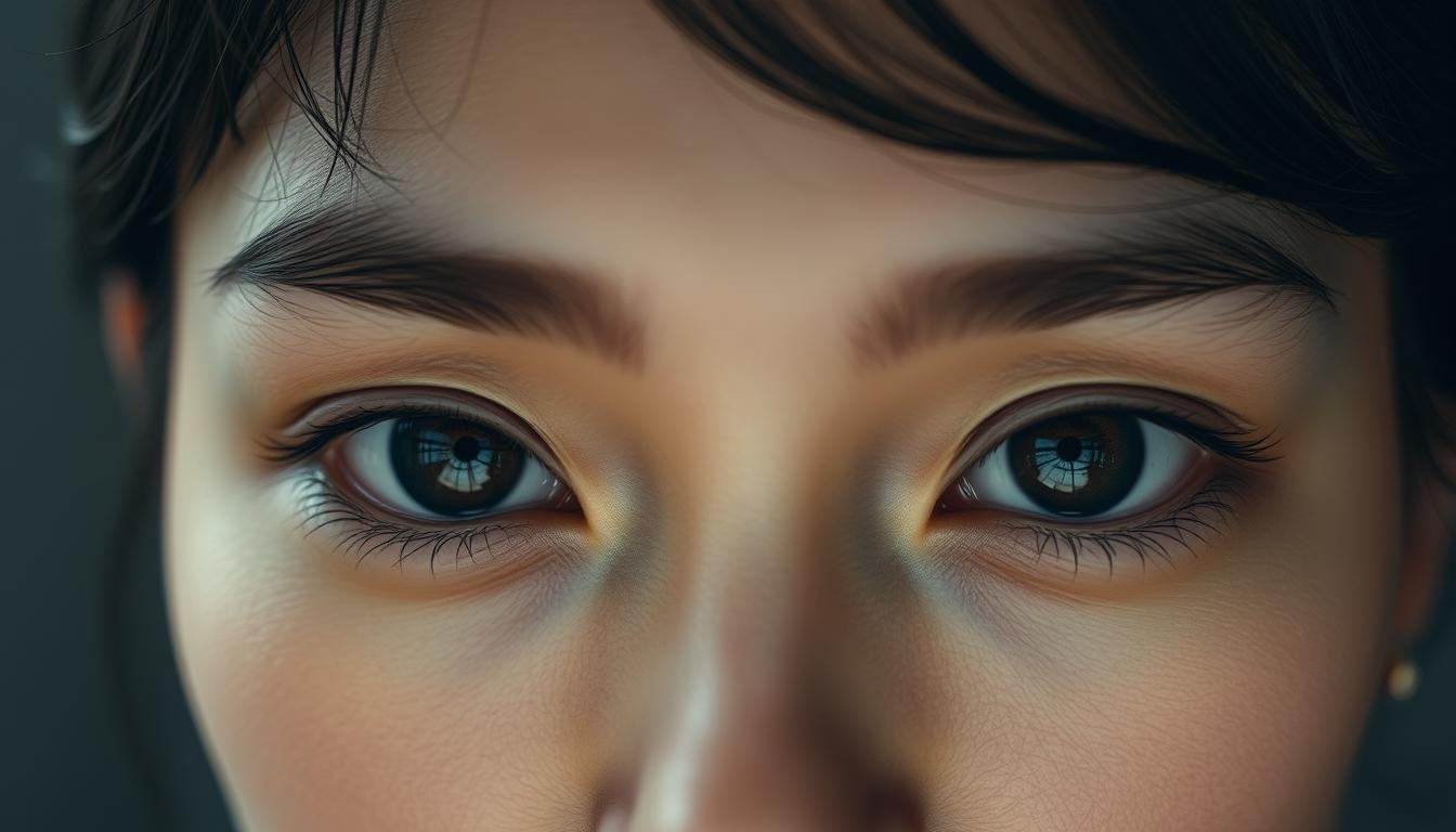 A close-up portrait of a person with intricate, layered eyelids. The eyes are framed by delicate, almond-shaped lids with a subtle inner crease, creating an expressive, ethereal look. The lighting is soft and diffused, highlighting the intricate folds and textures of the eyelids. The skin around the eyes appears luminous and smooth, with a slight hint of warmth. The gaze is calm and introspective, conveying a sense of depth and emotional resonance. The background is muted and blurred, keeping the focus on the captivating eyes and their mesmerizing, multilayered structure.