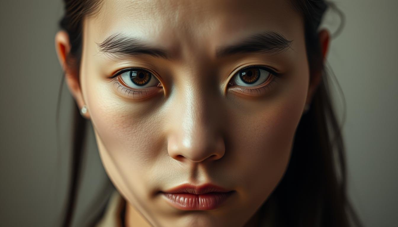 A close-up portrait of a person with the distinctive "三白眼" feature, showcasing the prominent white sclera surrounding the iris. The subject's gaze is intense, yet thoughtful, conveying a sense of introspection and mysticism associated with this rare eye type in traditional Chinese physiognomy. Soft, warm lighting illuminates the face, accentuating the unique facial structure and the penetrating, almost otherworldly expression. The background is muted, allowing the subject's captivating eyes to be the focal point, hinting at the profound insights and destiny that this arcane eye shape is believed to embody.