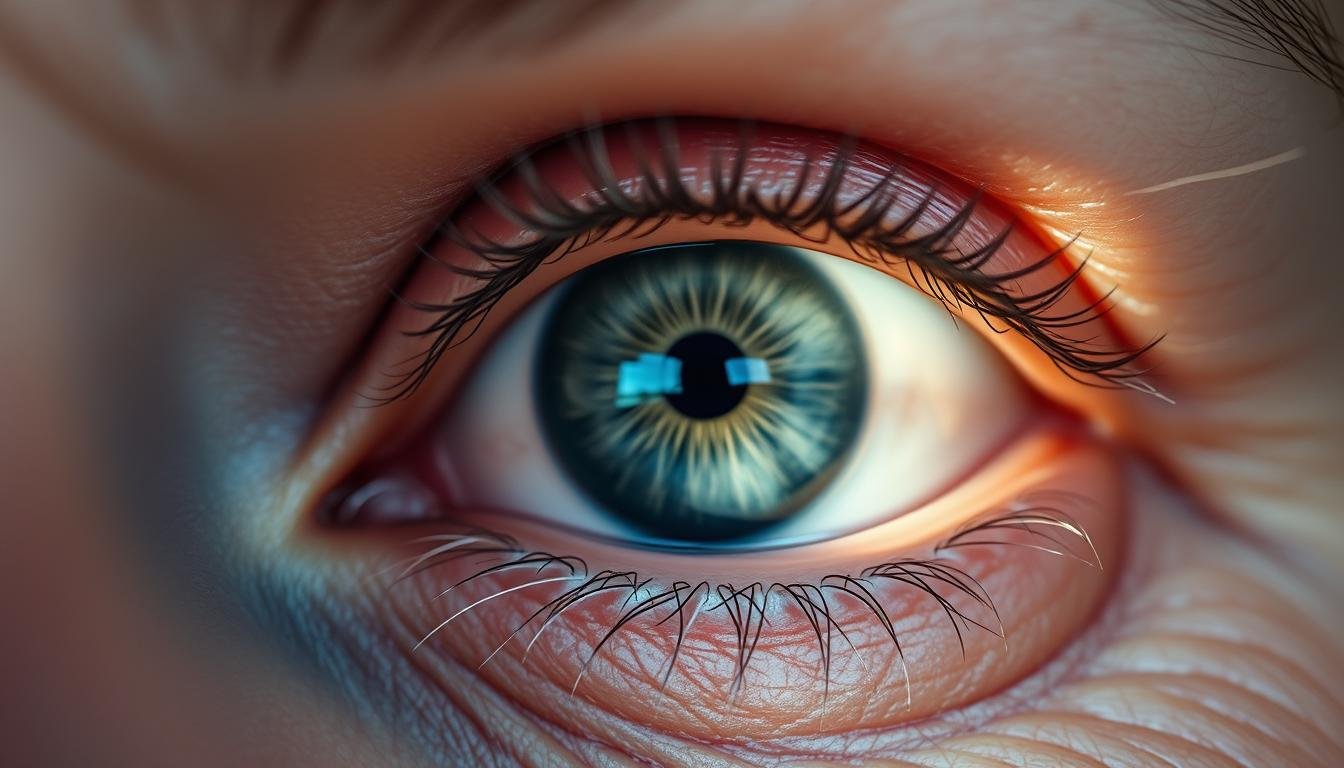 A close-up portrait of a person's eye, with a soft, ethereal quality. The iris is a mesmerizing blend of blues and grays, conveying a sense of introspection and emotional depth. The eye is surrounded by delicate, almost translucent eyelids, with fine lines and creases that suggest the passage of time. The lighting is gentle, creating a warm, glowing effect that highlights the subtle details of the eye and its surrounding features. The background is blurred, placing the focus entirely on the expressive eye and the visual metaphor of the "flow of years" and its impact on one's life and destiny.
