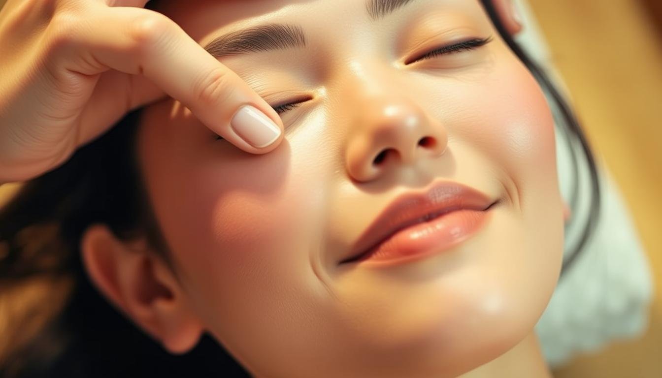 A close-up portrait of a relaxed, serene woman with glowing skin and a contented expression, her facial features accentuated by soft, warm lighting. The subject's cheeks are full and lifted, highlighting her healthy, vibrant "apple cheeks." The image has a calming, spa-like atmosphere, with a focus on the massage technique of "提拉按摩" applied to the subject's face, gently lifting and contouring the facial muscles. The background is blurred, allowing the viewer to concentrate on the subject's face and the technique being demonstrated. A close-up portrait of a relaxed, serene woman with glowing skin and a contented expression, her facial features accentuated by soft, warm lighting. The subject's cheeks are full and lifted, highlighting her healthy, vibrant "apple cheeks." The image has a calming, spa-like atmosphere, with a focus on the massage technique of "提拉按摩" applied to the subject's face, gently lifting and contouring the facial muscles. The background is blurred, allowing the viewer to concentrate on the subject's face and the technique being demonstrated.