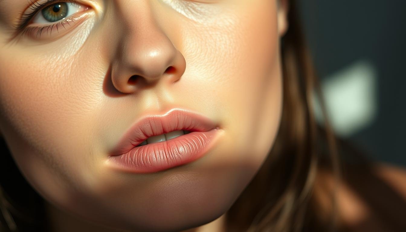 A close-up portrait of a serene, androgynous face with subtly contrasting lip thickness. The upper lip is slightly fuller and sensual, while the lower lip is delicately tapered, creating an alluring, balanced symmetry. The skin has a warm, luminous glow, lit from the side by soft, natural lighting that casts gentle shadows, accentuating the contours of the lips. The expression is contemplative, with eyes gazing off-frame, inviting the viewer to ponder the deeper significance of this harmonious facial feature. The background is softly blurred, keeping the focus squarely on the captivating, expressive lips. A close-up portrait of a serene, androgynous face with subtly contrasting lip thickness. The upper lip is slightly fuller and sensual, while the lower lip is delicately tapered, creating an alluring, balanced symmetry. The skin has a warm, luminous glow, lit from the side by soft, natural lighting that casts gentle shadows, accentuating the contours of the lips. The expression is contemplative, with eyes gazing off-frame, inviting the viewer to ponder the deeper significance of this harmonious facial feature. The background is softly blurred, keeping the focus squarely on the captivating, expressive lips.