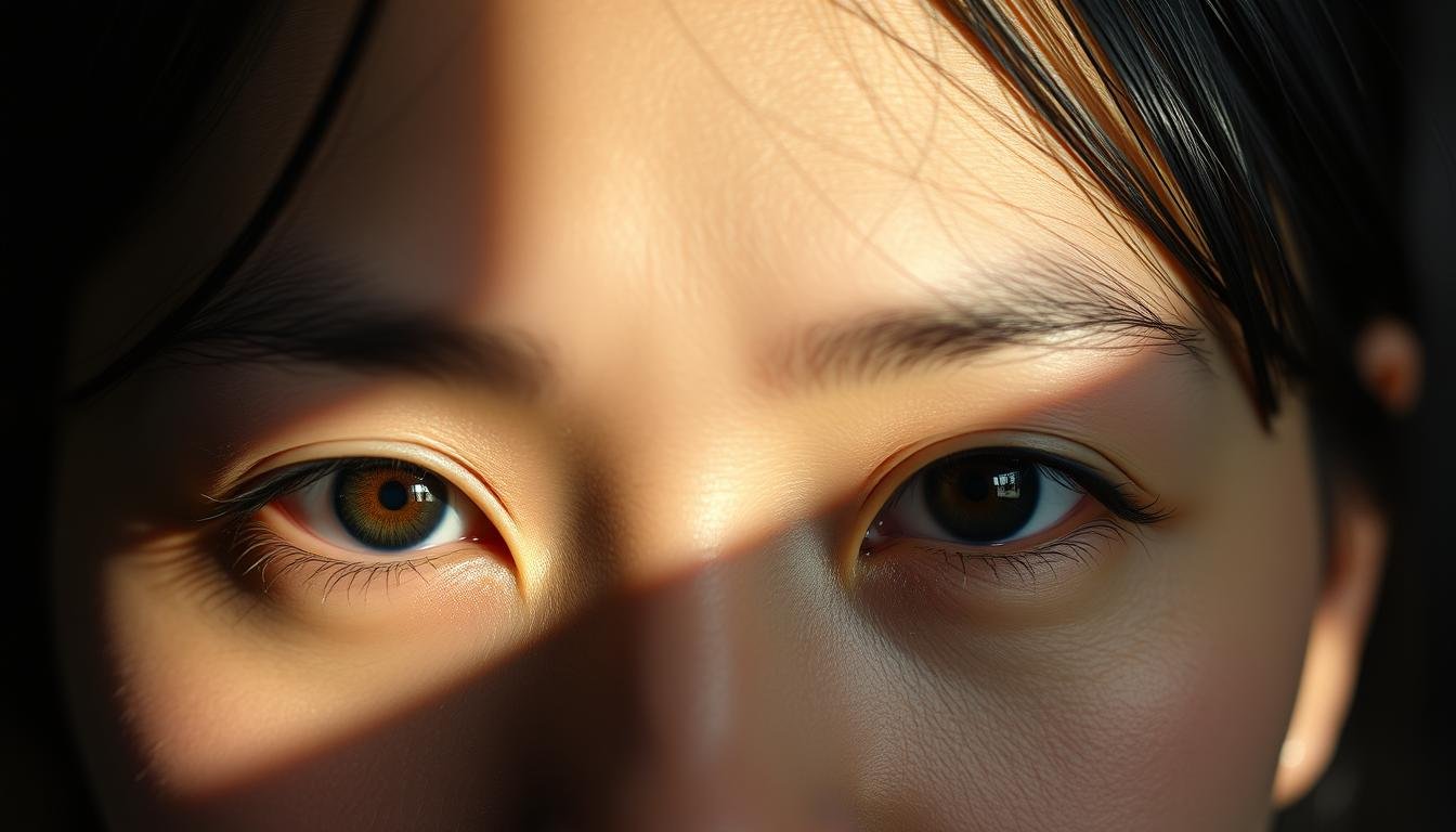 A close-up portrait showcasing the distinctive features of Taiwanese eyes. The subject's gaze is direct and piercing, with heavy brows, deep-set almond-shaped eyes, and a slight upward tilt at the outer corners. Soft, diffused lighting from the side creates dramatic shadows and highlights the intricate textures of the irises and lashes. The background is blurred, keeping the focus solely on the expressive, soulful eyes that are the central subject. The overall mood is one of contemplation and insight, reflecting the cultural significance of physiognomy in Taiwanese folk beliefs. A close-up portrait showcasing the distinctive features of Taiwanese eyes. The subject's gaze is direct and piercing, with heavy brows, deep-set almond-shaped eyes, and a slight upward tilt at the outer corners. Soft, diffused lighting from the side creates dramatic shadows and highlights the intricate textures of the irises and lashes. The background is blurred, keeping the focus solely on the expressive, soulful eyes that are the central subject. The overall mood is one of contemplation and insight, reflecting the cultural significance of physiognomy in Taiwanese folk beliefs.