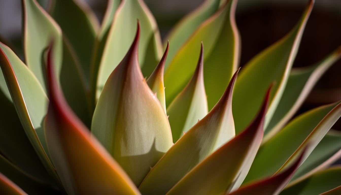 A close-up shot of a vibrant agave plant, its thick, fleshy leaves emanating a natural elegance. The lighting is soft and diffused, casting gentle shadows that accentuate the plant's distinctive texture and form. The background is blurred, allowing the succulent to take center stage, its intricate patterns and sharp points commanding attention. The overall mood is one of tranquility and organic beauty, reflecting the harmonious energy of the plant's natural state. The camera angle is slightly angled, giving the viewer a sense of immersion and a connection to the subject matter.