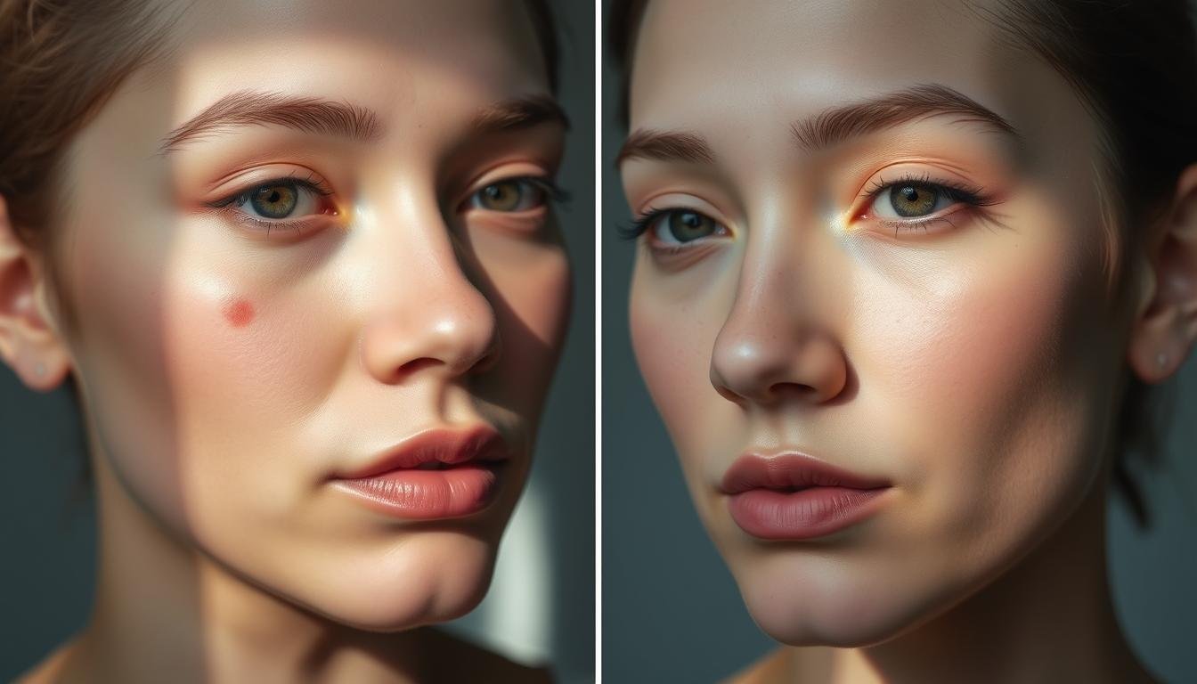 A close-up view of a face with a distinct mole or birthmark on the cheek. Soft, natural lighting illuminates the skin, casting subtle shadows that accentuate the contours. The mole is the focal point, capturing the viewer's attention. On the right side, a second image shows the same face, but with the mole removed or concealed, creating a subtle yet noticeable difference in appearance. The expressions on both sides are neutral, allowing the viewer to focus on the visual contrast between the two states. The overall mood is one of contemplation, inviting the viewer to consider the significance and impact of this physical feature.