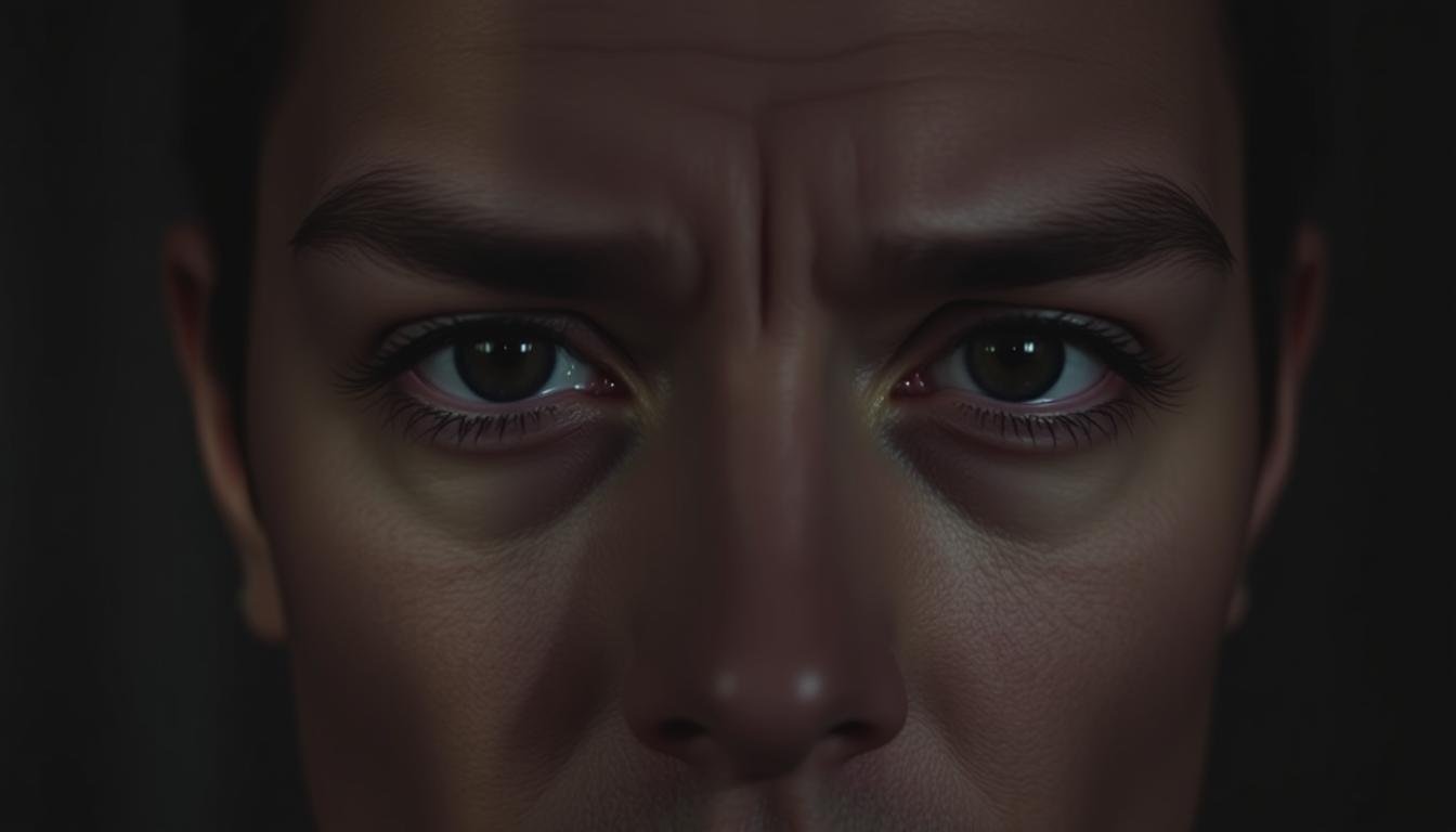 A closeup portrait of a person with distinctive, uneven eyebrows. The brows are sparse, with gaps and uneven thickness, suggesting an unsettling facial characteristic. The face is cast in dramatic, high-contrast lighting, creating deep shadows and highlights that accentuate the irregular brow shape. The subject's expression is neutral, yet their eyes convey a sense of concern or foreboding. The background is blurred, keeping the focus solely on the face and its striking, almost ominous, brow structure.