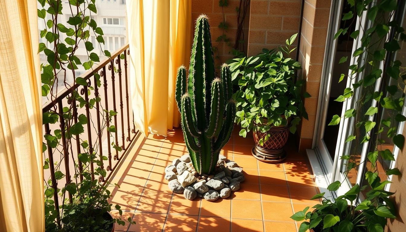 A cozy balcony in Taipei, sun-drenched and brimming with lush greenery. In the center, a majestic dragon bone cactus stands tall, its intricate silhouette casting playful shadows on the surrounding terracotta tiles. Carefully arranged around the plant are small decorative rocks, evoking a serene Zen-like atmosphere. The balcony's iron railing is adorned with trailing vines, creating a natural, verdant frame. Warm, diffused light filters through sheer curtains, casting a soft, golden glow over the entire scene. The overall composition is harmonious, reflecting the beauty and tranquility of a Taipei urban oasis. A cozy balcony in Taipei, sun-drenched and brimming with lush greenery. In the center, a majestic dragon bone cactus stands tall, its intricate silhouette casting playful shadows on the surrounding terracotta tiles. Carefully arranged around the plant are small decorative rocks, evoking a serene Zen-like atmosphere. The balcony's iron railing is adorned with trailing vines, creating a natural, verdant frame. Warm, diffused light filters through sheer curtains, casting a soft, golden glow over the entire scene. The overall composition is harmonious, reflecting the beauty and tranquility of a Taipei urban oasis.