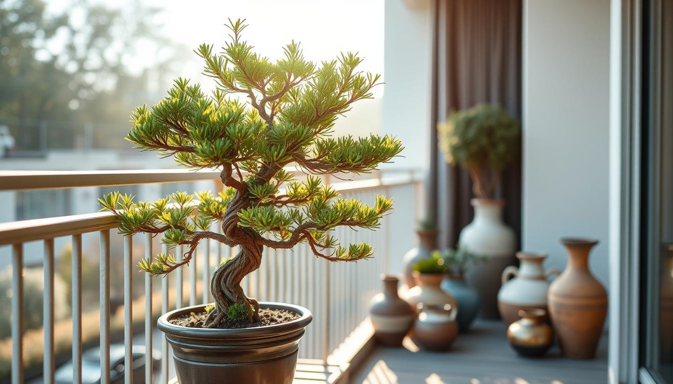 A cozy balcony with a lush and thriving potted juniper bonsai, its verdant foliage catching the warm afternoon sunlight filtering through the window. The bonsai stands prominently in the foreground, its intricate branches and sculpted trunk commanding attention. In the middle ground, various decorative planters and vases accentuate the earthy, natural ambiance, their colors and textures complementing the bonsai's organic elegance. The background features a serene, minimalist setting, with clean lines and neutral tones, allowing the botanical centerpiece to shine. The lighting is soft and diffused, creating a calming, meditative atmosphere, inviting the viewer to appreciate the harmonious synergy between the plant, the space, and the overall sense of balance and tranquility. A cozy balcony with a lush and thriving potted juniper bonsai, its verdant foliage catching the warm afternoon sunlight filtering through the window. The bonsai stands prominently in the foreground, its intricate branches and sculpted trunk commanding attention. In the middle ground, various decorative planters and vases accentuate the earthy, natural ambiance, their colors and textures complementing the bonsai's organic elegance. The background features a serene, minimalist setting, with clean lines and neutral tones, allowing the botanical centerpiece to shine. The lighting is soft and diffused, creating a calming, meditative atmosphere, inviting the viewer to appreciate the harmonious synergy between the plant, the space, and the overall sense of balance and tranquility.