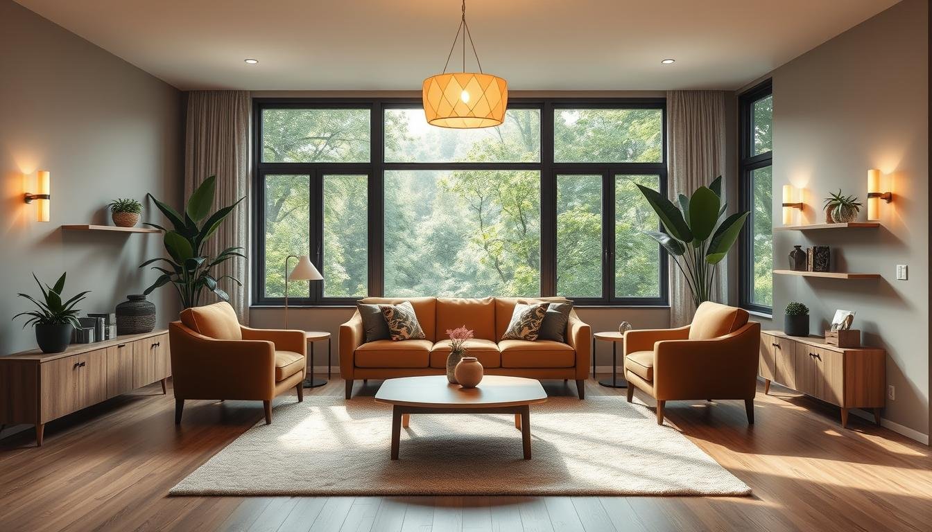 A cozy living room with a harmonious arrangement of furnishings, accenting the natural flow of the space. A contemporary sofa in a warm neutral tone anchors the central seating area, surrounded by a pair of sleek armchairs and a low, wooden coffee table. Overhead, a minimalist pendant light casts a soft, ambient glow, complemented by subtle wall sconces. The room is bathed in natural light, filtering through large windows that offer views of lush greenery outside. Carefully placed shelves and plants inject pops of verdant life, while a plush area rug ties the scheme together, creating a balanced, Zen-like ambiance. The overall impression is one of tranquility and harmony, inviting relaxation and contemplation. A cozy living room with a harmonious arrangement of furnishings, accenting the natural flow of the space. A contemporary sofa in a warm neutral tone anchors the central seating area, surrounded by a pair of sleek armchairs and a low, wooden coffee table. Overhead, a minimalist pendant light casts a soft, ambient glow, complemented by subtle wall sconces. The room is bathed in natural light, filtering through large windows that offer views of lush greenery outside. Carefully placed shelves and plants inject pops of verdant life, while a plush area rug ties the scheme together, creating a balanced, Zen-like ambiance. The overall impression is one of tranquility and harmony, inviting relaxation and contemplation.