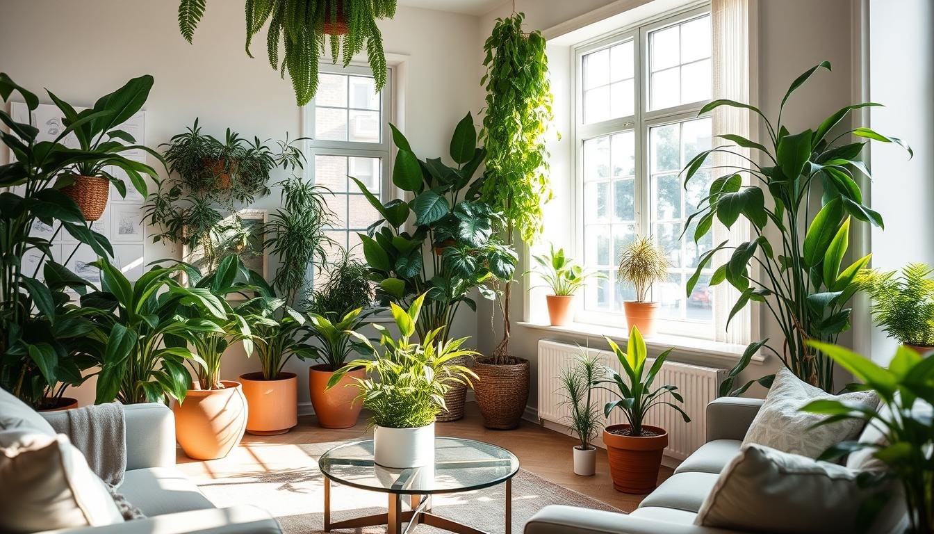 A cozy living room with lush, vibrant greenery adorning the space. Sunlight streams through large windows, casting a warm, natural glow onto the scene. Potted plants of varying sizes and species are strategically placed, creating a serene and harmonious atmosphere. The room's neutral color palette and minimalist furnishings allow the plants to take center stage, enhancing the feeling of tranquility and balance. The camera angle captures the room from a slightly elevated perspective, showcasing the thoughtful arrangement of the greenery and its integration with the overall design. This serene and rejuvenating environment invites the viewer to imagine how such a space could positively impact one's personal and professional relationships.