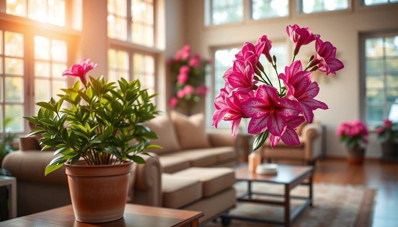 A cozy living room with warm, natural lighting pouring in through large windows. In the foreground, a lush potted azalea plant sits on a wooden side table, its vibrant pink blooms and verdant foliage commanding attention. The middle ground features a comfortable sofa and armchair arrangement, positioned to create a harmonious and inviting atmosphere. In the background, a subtle yet intentional placement of additional azalea plants, strategically placed to enhance the overall feng shui of the space. The scene exudes a sense of balance, tranquility, and a seamless integration of the indoors and the outdoors, reflecting the principles of utilizing azalea flowers to improve one's living environment.