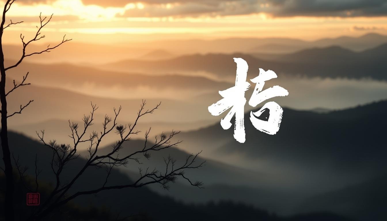 A delicate East Asian calligraphic brushstroke rendering of the character "種" (shuang), representing the wood element in Feng Shui, set against a serene landscape of rolling hills and a tranquil sky. The brushwork is fluid and expressive, with the strokes capturing the essence of growth and new beginnings. The composition is balanced, with the character positioned prominently in the foreground, framed by a moody, atmospheric background that evokes the themes of the article. Soft, warm lighting illuminates the scene, creating a sense of harmony and vitality. The overall aesthetic is one of traditional East Asian art, reflecting the cultural significance of the subject matter.