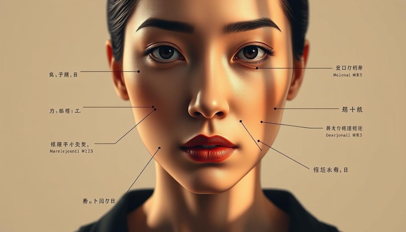 A detailed, anatomical illustration of the key facial moles and their corresponding meanings in Chinese face reading. The image shows a serene, yet compelling portrait of a woman's face, illuminated by soft, natural lighting that accentuates the subtleties of her features. The focus is on the specific locations of the seven most significant moles, each one highlighted with a delicate touch, as if mapped out by an experienced practitioner. The overall mood is one of thoughtful introspection, inviting the viewer to ponder the deeper significance behind these mysterious markings. The composition and rendering are precise, allowing the subject to take center stage without distractions, conveying the gravity and importance of this ancient Chinese art of physiognomy. A detailed, anatomical illustration of the key facial moles and their corresponding meanings in Chinese face reading. The image shows a serene, yet compelling portrait of a woman's face, illuminated by soft, natural lighting that accentuates the subtleties of her features. The focus is on the specific locations of the seven most significant moles, each one highlighted with a delicate touch, as if mapped out by an experienced practitioner. The overall mood is one of thoughtful introspection, inviting the viewer to ponder the deeper significance behind these mysterious markings. The composition and rendering are precise, allowing the subject to take center stage without distractions, conveying the gravity and importance of this ancient Chinese art of physiognomy.