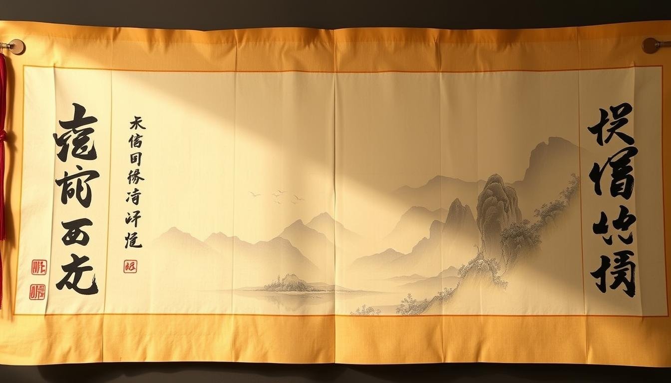 A detailed calligraphic scroll featuring the ancient Chinese text "何知歌訣" ("Song of What We Know") unfurling against a serene, contemplative landscape. The scroll is illuminated by soft, warm lighting, casting gentle shadows across the delicate brushwork. In the foreground, the characters are rendered with meticulous precision, their strokes flowing with a sense of tranquility and wisdom. The middle ground depicts a tranquil mountain scene, with wispy clouds drifting overhead and a serene pond reflecting the surrounding natural beauty. The background is filled with subtle, ethereal gradients, creating a sense of depth and mystery. The overall atmosphere evokes a profound understanding of the fundamental principles of physiognomy and its timeless insights into the human condition.