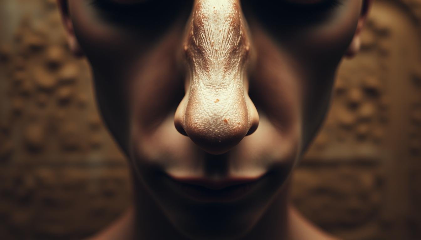 A detailed close-up of an elongated, thin nose with prominent nostrils against a muted, earthy backdrop. The nose has a slightly hooked shape, with subtle flaring at the base. The lighting is soft and diffused, creating a sense of introspection and thoughtfulness. The overall mood is one of contemplation, hinting at the metaphysical connections between facial features and destiny. The composition draws the viewer's gaze directly to the distinctive nose, inviting them to ponder its significance in the ancient art of physiognomy.