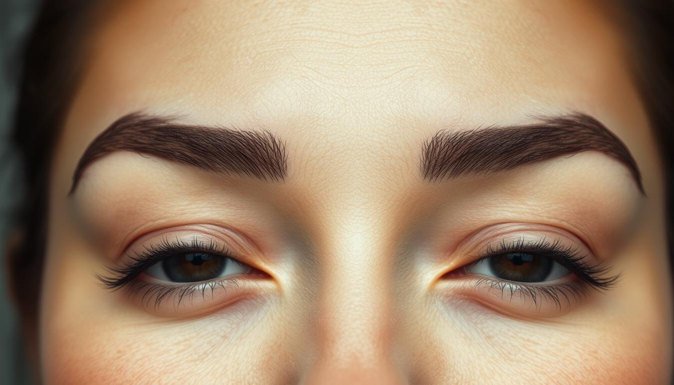 A detailed close-up portrait of a pair of natural, well-shaped eyebrows in a neutral, slightly arched configuration. The brows are full, with a slight upward taper at the outer edges, creating a balanced, harmonious appearance. The skin texture is smooth and healthy, with subtle pores and fine hairs visible. The lighting is soft and diffused, creating a subtle three-dimensional effect and highlighting the natural contours of the brows. The background is a simple, neutral tone that allows the focus to remain on the eyebrows. The overall mood is one of calm introspection and refined elegance. A detailed close-up portrait of a pair of natural, well-shaped eyebrows in a neutral, slightly arched configuration. The brows are full, with a slight upward taper at the outer edges, creating a balanced, harmonious appearance. The skin texture is smooth and healthy, with subtle pores and fine hairs visible. The lighting is soft and diffused, creating a subtle three-dimensional effect and highlighting the natural contours of the brows. The background is a simple, neutral tone that allows the focus to remain on the eyebrows. The overall mood is one of calm introspection and refined elegance.