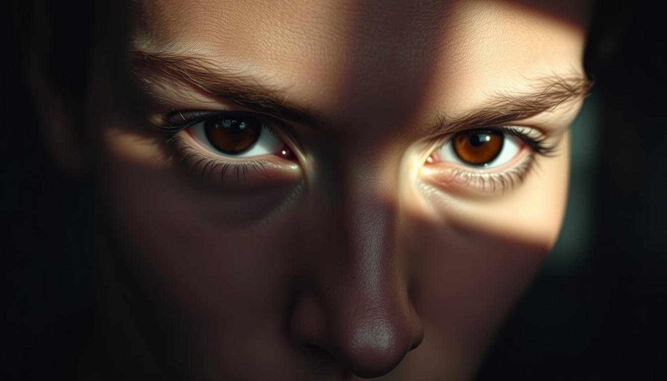 A detailed close-up portrait of a person's face, prominently featuring their eyes. The eyes have a distinct triangular shape, with the outer corners sharply angled upwards. The irises are dark and intense, conveying a piercing, enigmatic gaze. The lighting is dramatic, casting deep shadows that accentuate the angular features. The skin is smooth and flawless, with a subtle sheen. The overall mood is one of introspection and mystery, hinting at the deeper meanings associated with this particular eye shape in traditional physiognomy. The background is softly blurred, placing the focus entirely on the captivating eyes. A detailed close-up portrait of a person's face, prominently featuring their eyes. The eyes have a distinct triangular shape, with the outer corners sharply angled upwards. The irises are dark and intense, conveying a piercing, enigmatic gaze. The lighting is dramatic, casting deep shadows that accentuate the angular features. The skin is smooth and flawless, with a subtle sheen. The overall mood is one of introspection and mystery, hinting at the deeper meanings associated with this particular eye shape in traditional physiognomy. The background is softly blurred, placing the focus entirely on the captivating eyes.
