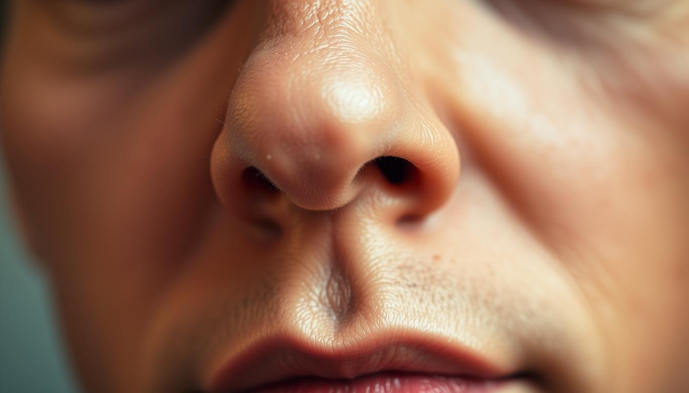 A detailed close-up portrait of a person's nose, showcasing the intricate features and contours that reveal insights into their financial fortune and career prospects. The nose is well-defined, with prominent nostrils and a distinct bridge. Soft, natural lighting illuminates the skin texture, highlighting the subtle changes and markings along the nose shape. The depth of field is shallow, keeping the nose in sharp focus while blurring the background to a dreamlike, ethereal quality. The overall mood is one of contemplation and insight, inviting the viewer to study the subject's facial features for clues about their destiny and character.