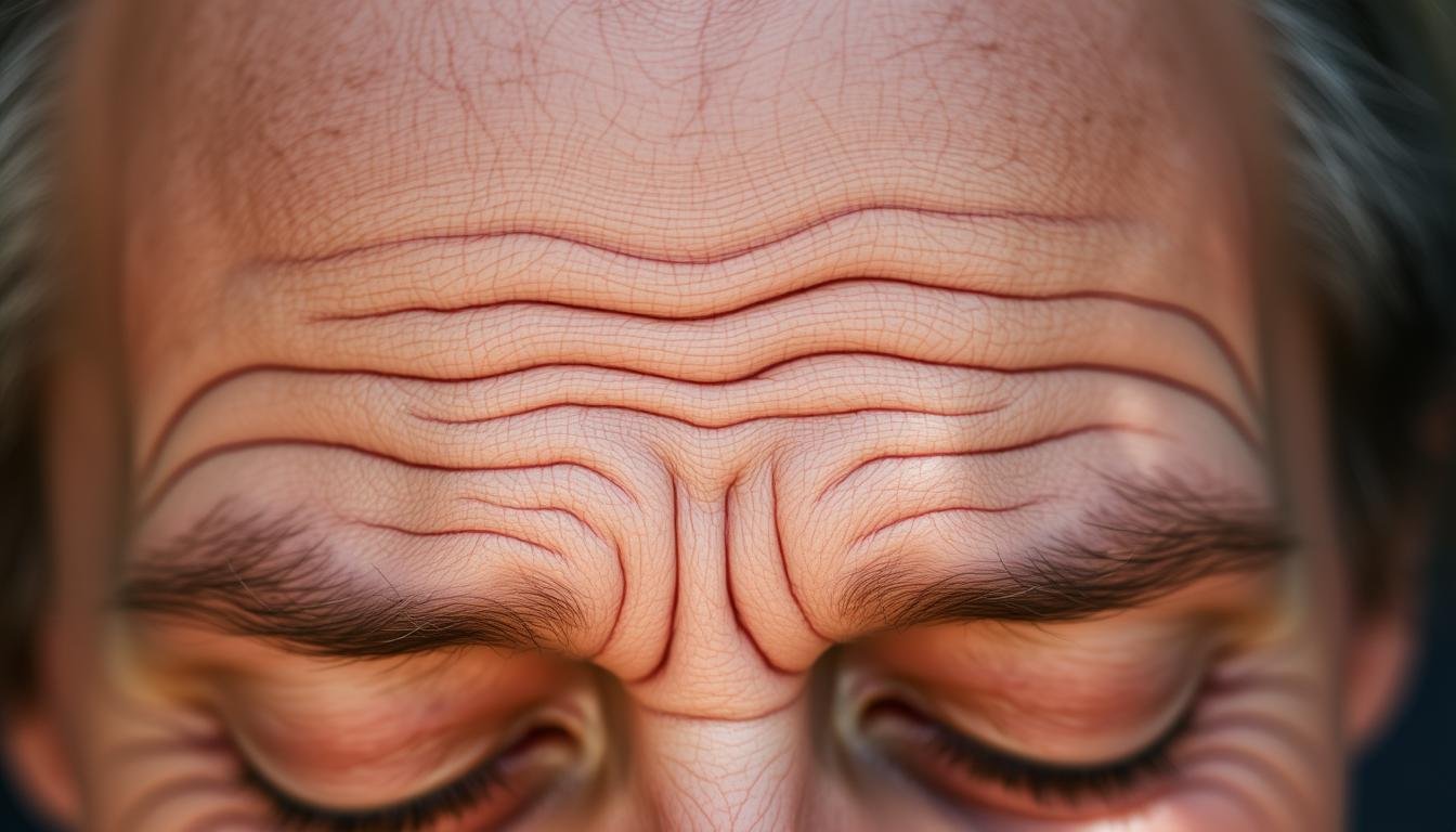 A detailed, high-resolution close-up portrait of a serene, meditative-looking person's forehead, meticulously capturing the intricate patterns and contours of the forehead wrinkles and lines. The wrinkles should be prominent, revealing the subject's age, experience, and overall facial expression. Soft, natural lighting casts subtle shadows to accentuate the texture and depth of the wrinkles, creating a sense of contemplation and wisdom. The focus should be sharply on the forehead, with a shallow depth of field that subtly blurs the background. The overall mood should convey a sense of profound insight and self-reflection.