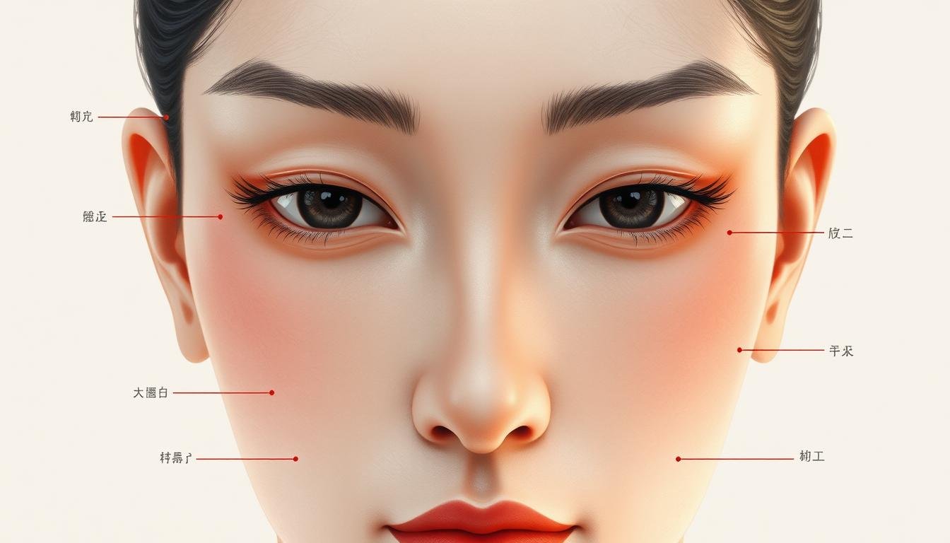 A detailed illustration of the "Five Facial Features and Their Secrets" (五官要訣), showcasing the key points of physiognomy (面相) in a naturalistic, high-resolution rendering. The image should depict a close-up of a serene, contemplative face in neutral lighting, with a soft, ethereal atmosphere. The key facial features - eyebrows, eyes, nose, forehead, ears, and mouth - should be prominently displayed and highlighted, allowing the viewer to closely examine the intricacies and significance of each aspect as described in the physiognomy guide. The rendering should have a high level of realism and detail, with subtle textures, shadows, and highlights that bring the face to life. The overall composition should be balanced and aesthetically pleasing, guiding the viewer's attention to the essential elements of this ancient Chinese art of face reading.
