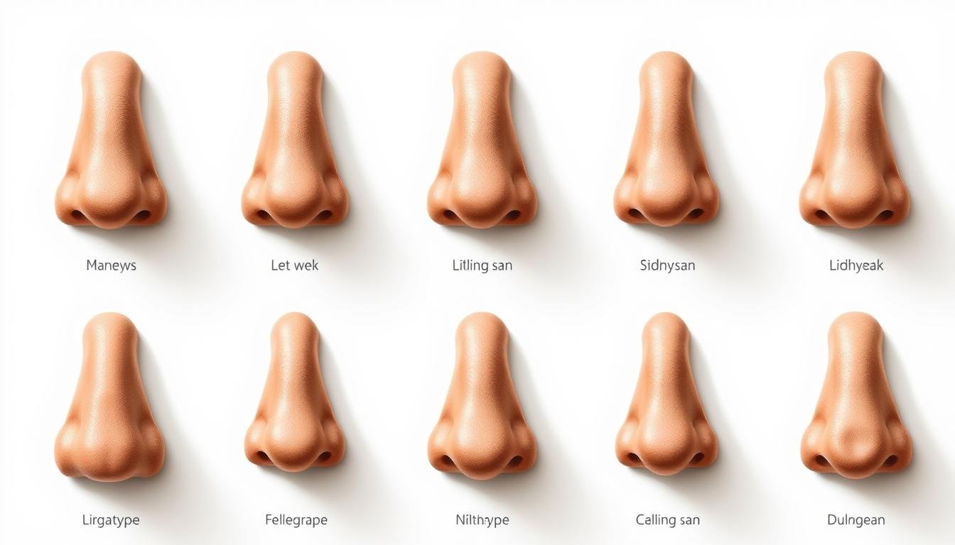 A detailed illustration of the common nose types, showcasing their distinct shapes and features. Crisp, realistic rendering with natural lighting and soft shadows, capturing the nuances of each nose profile. The image presents a clean, uncluttered layout, allowing the viewer to focus on the diverse nasal structures. Subtle textural details and shading accentuate the unique character of each nose type, providing a comprehensive visual reference for the analysis of physiognomy and its connection to personality and fortune. A detailed illustration of the common nose types, showcasing their distinct shapes and features. Crisp, realistic rendering with natural lighting and soft shadows, capturing the nuances of each nose profile. The image presents a clean, uncluttered layout, allowing the viewer to focus on the diverse nasal structures. Subtle textural details and shading accentuate the unique character of each nose type, providing a comprehensive visual reference for the analysis of physiognomy and its connection to personality and fortune.