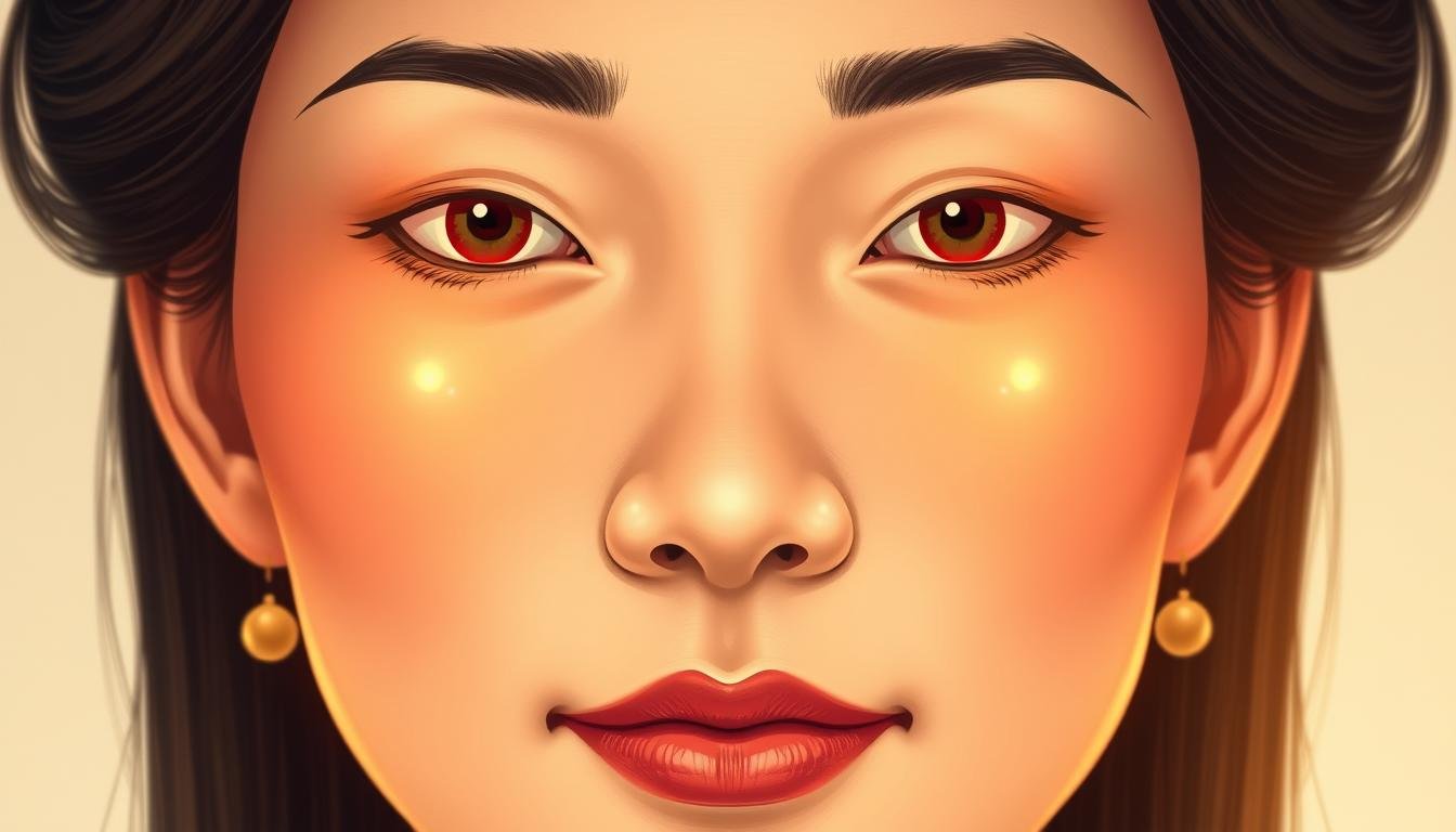 A detailed illustration of the "lucky mole" positions on a realistic human face, illuminated by warm, soft lighting that accentuates the facial features. The image showcases the seven key locations - eyebrows, eyes, cheeks, nose, ears, forehead, and mouth - where the presence of a mole is believed to bring good fortune according to Chinese face reading practices. The composition should be balanced and harmonious, with the moles subtly highlighted without being overpowering. The facial expression should convey a sense of serenity and introspection, inviting the viewer to contemplate the significance of these auspicious facial markers.