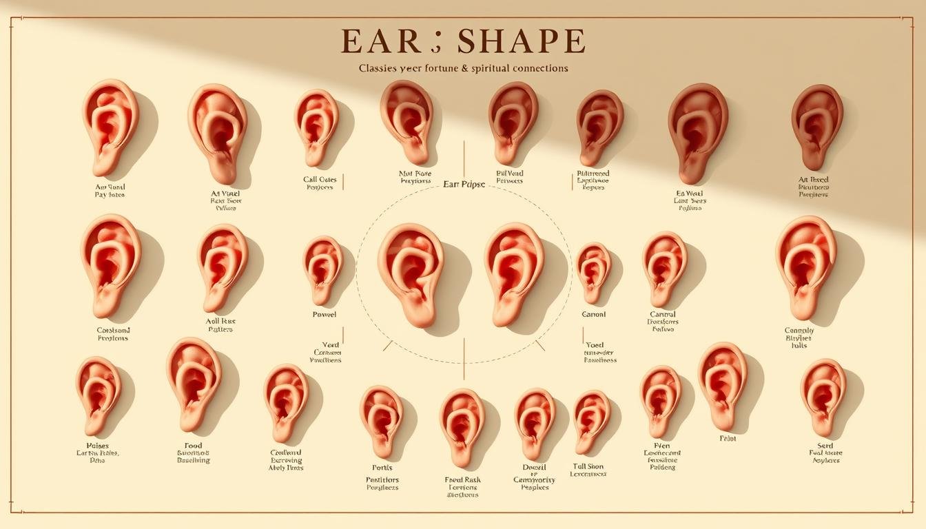 A detailed, meticulously rendered illustration of the "Classic Ear Shape Chart", showcasing various ear profiles and their corresponding personality traits, fortune, and spiritual connections. Rendered in a high-resolution, photorealistic style with a sense of classical elegance. The image features a symmetrical arrangement of different ear shapes, each depicted with precise anatomical accuracy and subtle shading to convey depth and dimension. The overall composition has a harmonious, balanced layout, accentuating the visual relationships between the different ear types. The artwork is illuminated by warm, natural lighting, casting soft shadows that enhance the three-dimensional quality of the subject matter. The background is a neutral, muted tone that allows the ear illustrations to take center stage, creating a sense of focus and clarity.
