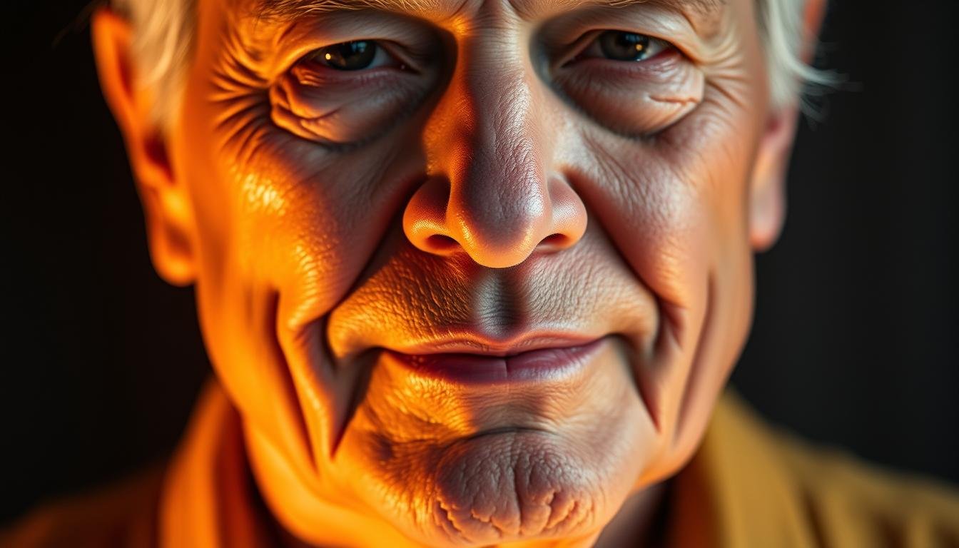 A detailed portrait of a person's face, showcasing a strong, prominent chin. The subject's facial features are accentuated, with a well-defined jawline and a sense of authority and confidence radiating from their expression. The lighting is soft and warm, creating a flattering, almost ethereal glow that highlights the subject's features. The background is slightly blurred, keeping the focus on the face and creating a sense of depth and atmosphere. The overall composition and mood convey a sense of wisdom, experience, and an indication of the subject's prosperous future and longevity.