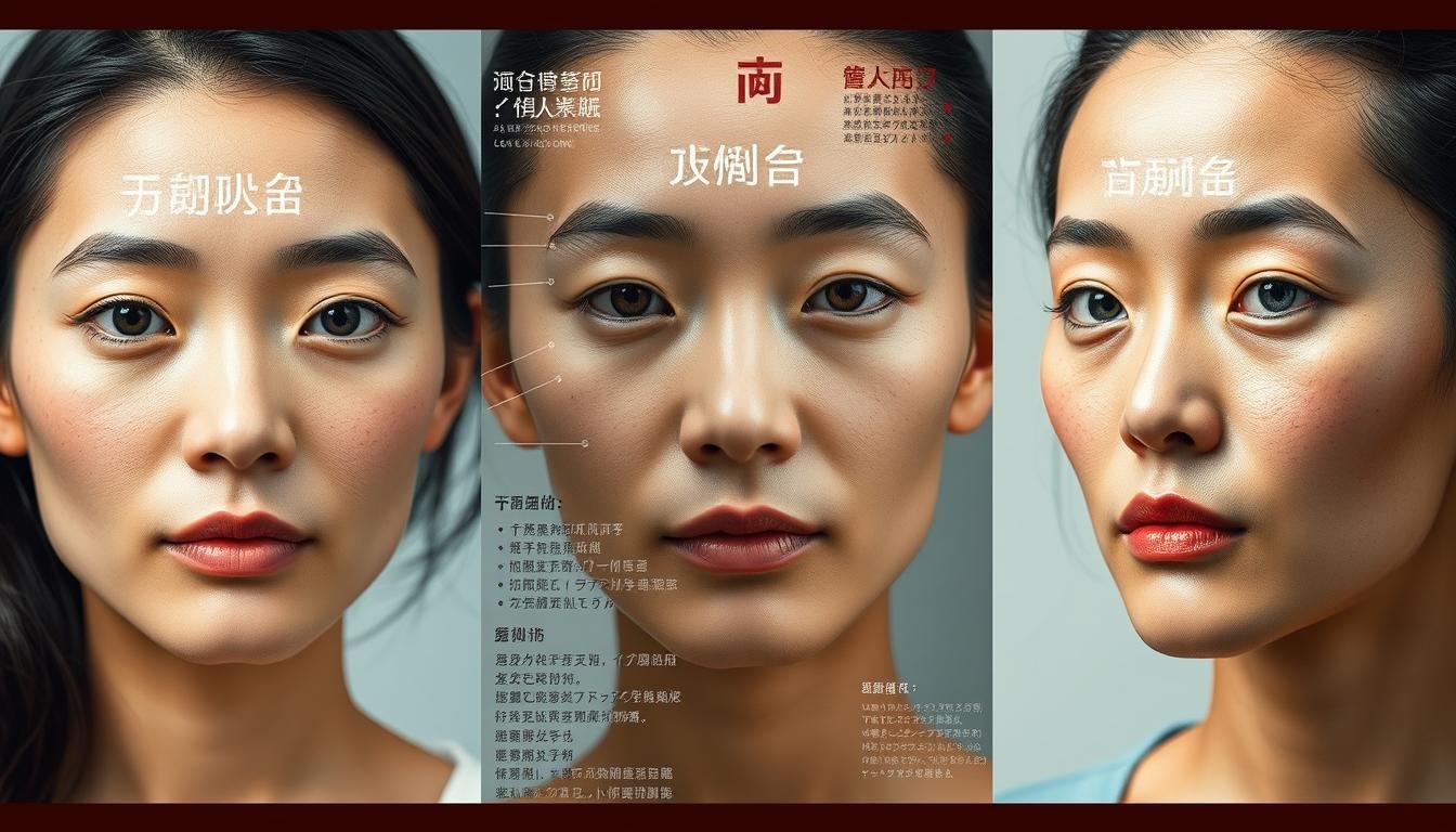 A detailed visual illustration of the "三大類型法令紋: 遺傳凹陷、老化型、肌肉型" with a focus on the key characteristics and recommended countermeasures for each type. A triptych-style layout with three distinct portraits showcasing the unique facial features and skin textures associated with the different law of face classifications. Soft, natural lighting to highlight the subtle complexion details. Minimal, uncluttered backgrounds that allow the faces to be the central focus. Conveying a sense of introspection and self-discovery through the depiction of these physiognomic insights.