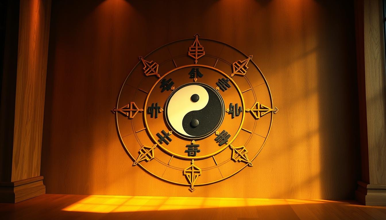 A detailed visualization of the five-element feng shui layout, depicting the harmonious interplay of the cardinal directions and their associated elemental energies. The composition features a central yin-yang symbol surrounded by the five elements - wood, fire, earth, metal, and water - each represented by distinct geometric patterns and subtle hues. The scene is illuminated by warm, golden lighting that casts a serene, contemplative atmosphere, inviting the viewer to meditate on the principles of this ancient Chinese practice. The image conveys a sense of balance, symmetry, and the intricate connections between the natural forces that shape our environment and well-being.