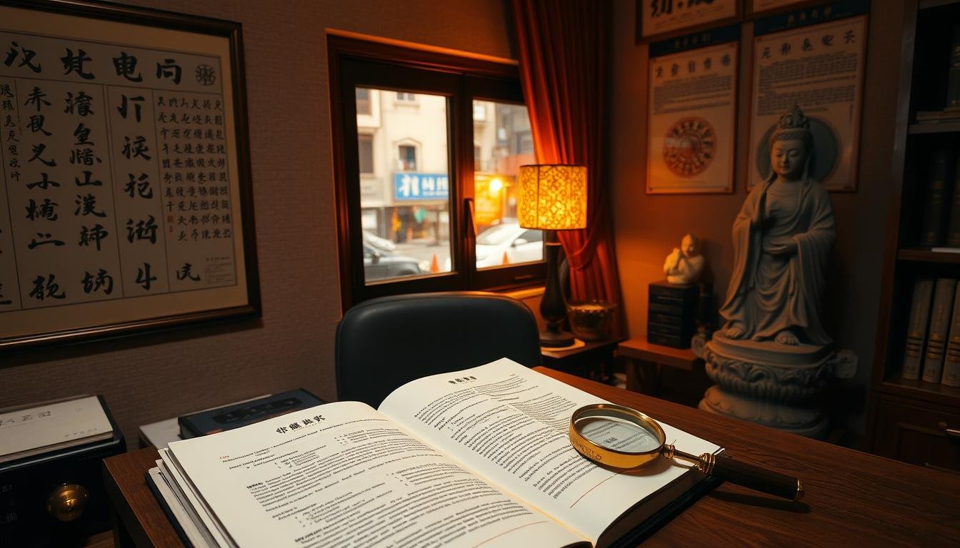 A dimly lit office space in Taipei, Taiwan. On the desk, an open book on face reading principles sits next to a polished brass magnifying glass. The walls are adorned with framed Chinese calligraphic art and astrological charts. In the corner, a statue of Guan Yin, the goddess of mercy, casts a serene glow. The lighting is warm and subdued, creating an atmosphere of contemplation and scholarly study. Through the window, a bustling city street is visible, hinting at the practical application of this ancient art in modern Taiwan. The scene captures the intersection of traditional face reading practices and their contemporary relevance in the Taiwanese context. A dimly lit office space in Taipei, Taiwan. On the desk, an open book on face reading principles sits next to a polished brass magnifying glass. The walls are adorned with framed Chinese calligraphic art and astrological charts. In the corner, a statue of Guan Yin, the goddess of mercy, casts a serene glow. The lighting is warm and subdued, creating an atmosphere of contemplation and scholarly study. Through the window, a bustling city street is visible, hinting at the practical application of this ancient art in modern Taiwan. The scene captures the intersection of traditional face reading practices and their contemporary relevance in the Taiwanese context.