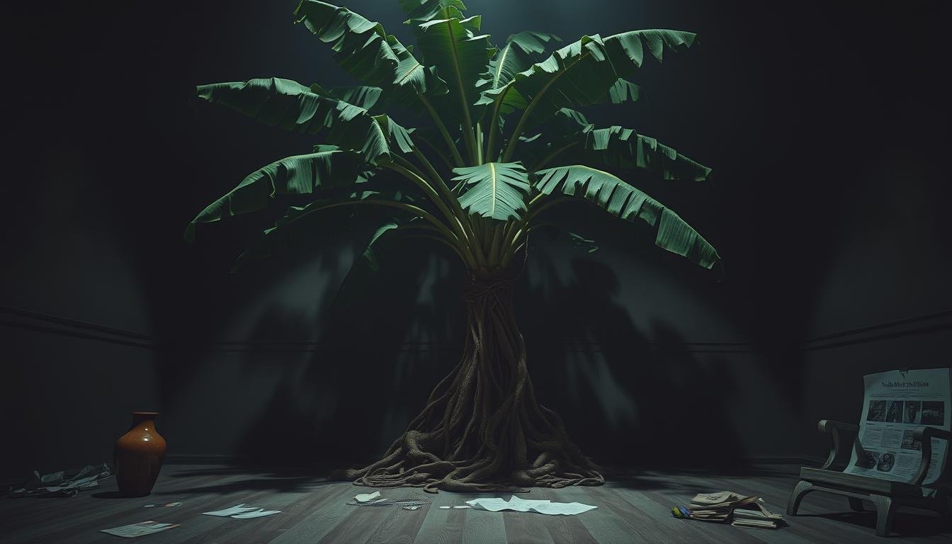 A dimly lit room, the air thick with a sense of unease. In the center, a towering banana tree casts ominous shadows, its leaves rustling with a foreboding energy. The tree's roots seem to coil and twist, as if alive and reaching out to ensnare the unsuspecting. Scattered around the room, symbols of discord and discord - a broken vase, a tattered document, a discarded medical report. The scene conveys a sense of oppression and discord, hinting at the potential negative consequences of the banana tree's presence. A moody, cinematic lighting highlights the drama, creating a sense of tension and foreboding. A dimly lit room, the air thick with a sense of unease. In the center, a towering banana tree casts ominous shadows, its leaves rustling with a foreboding energy. The tree's roots seem to coil and twist, as if alive and reaching out to ensnare the unsuspecting. Scattered around the room, symbols of discord and discord - a broken vase, a tattered document, a discarded medical report. The scene conveys a sense of oppression and discord, hinting at the potential negative consequences of the banana tree's presence. A moody, cinematic lighting highlights the drama, creating a sense of tension and foreboding.