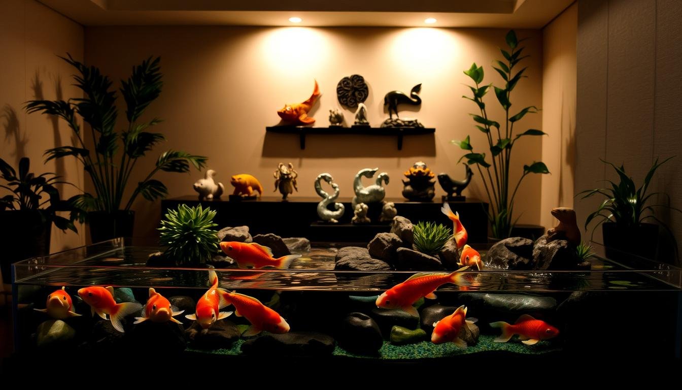 A dimly lit room with tasteful Feng Shui fish decor, meticulously arranged. In the foreground, a tranquil aquarium filled with vibrant, thriving koi fish swimming gracefully. Beside it, carefully placed rocks, plants, and a small water fountain creating a soothing ambiance. The middle ground showcases artfully positioned figurines of various aquatic creatures, each symbolizing different aspects of prosperity and good fortune. The background features subtle, warm lighting, casting a serene glow and highlighting the harmonious arrangement of the display. The overall scene conveys a sense of balance, harmony, and the nurturing power of the natural world, inviting contemplation and positive energy into the space.