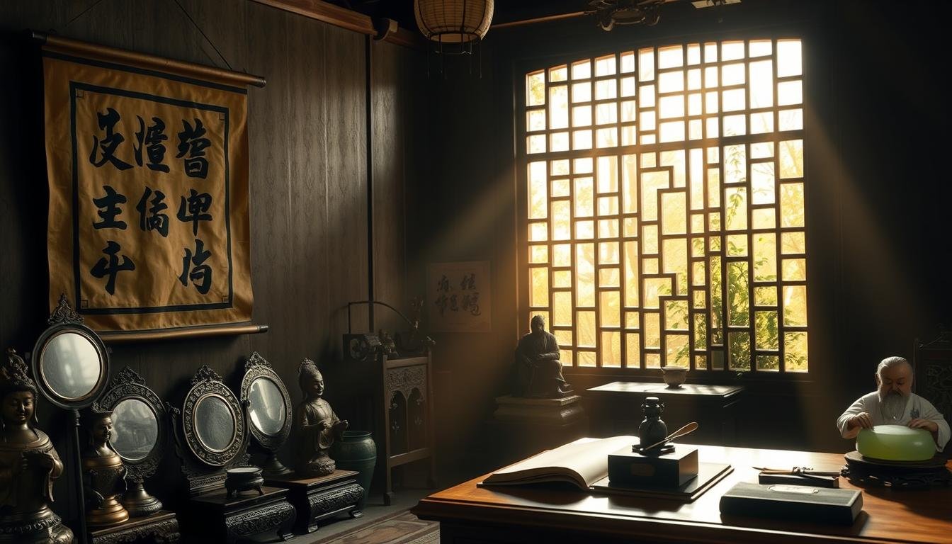 A dimly lit traditional Chinese study, with a calligraphic scroll depicting the characters "文化 視角 面相" hanging on the wall. In the foreground, a collection of antique bronze mirrors and jade statues, symbolizing the ancient Eastern tradition of physiognomy. The middle ground showcases a wooden desk with a open book, quill, and ink stone, suggesting scholarly contemplation. The background features a latticed window, allowing shafts of golden light to illuminate the scene, creating a sense of timeless contemplation. The overall atmosphere evokes a harmonious blend of East and West, inviting the viewer to explore the cultural nuances of facial analysis.
