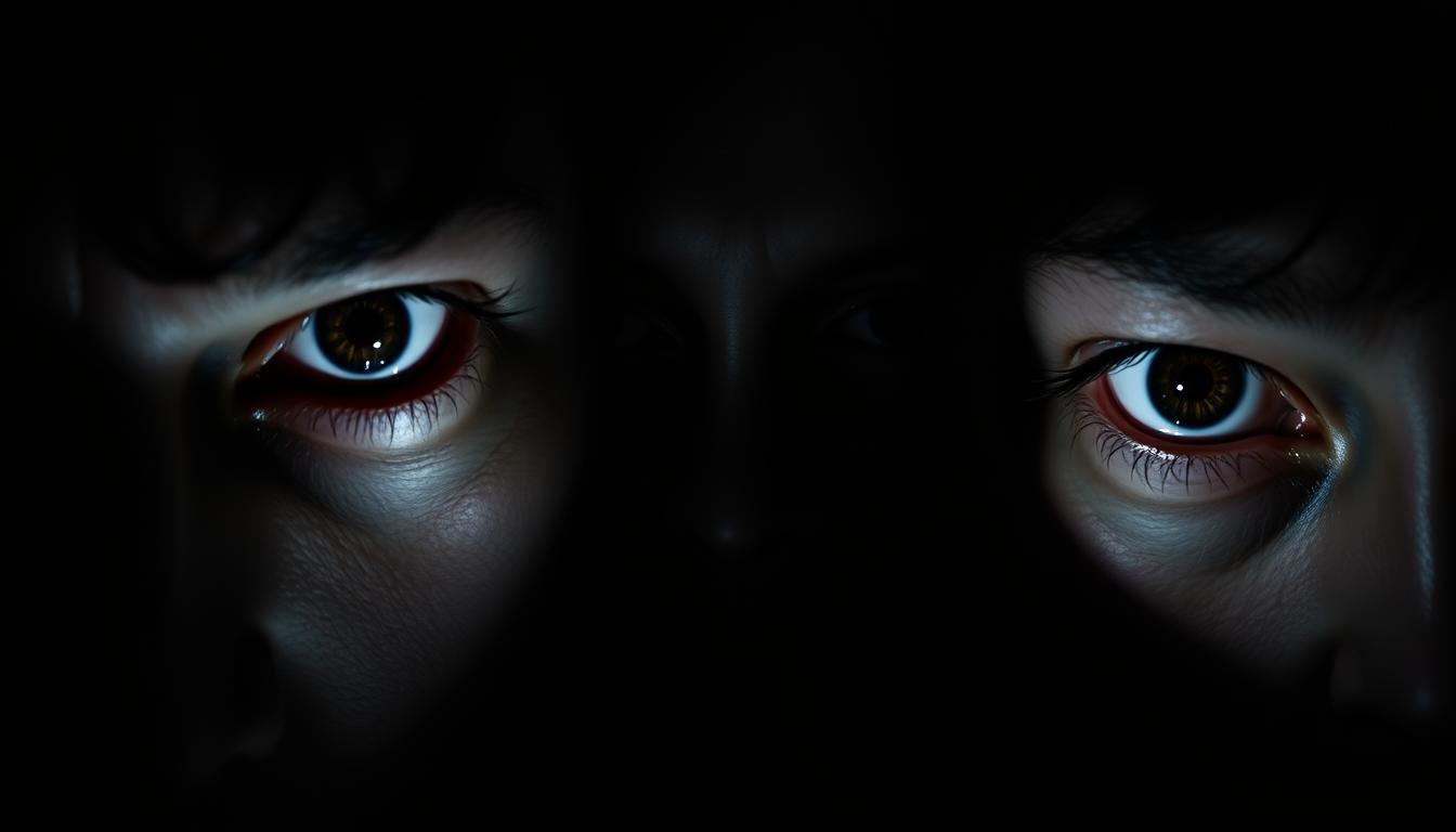 A dramatic close-up shot of three pairs of intensely focused eyes, their whites strikingly visible against a dark, moody background. The piercing, slightly asymmetrical gaze of the "san bai yan" (三白眼) and the unnaturally wide-open "si bai yan" (四白眼) convey a sense of heightened emotion and strong personality traits. Dramatic lighting casts deep shadows, creating an ominous, almost supernatural atmosphere. The eyes are the central focus, drawing the viewer in to uncover the hidden secrets and profound character insights they reveal. A dramatic close-up shot of three pairs of intensely focused eyes, their whites strikingly visible against a dark, moody background. The piercing, slightly asymmetrical gaze of the "san bai yan" (三白眼) and the unnaturally wide-open "si bai yan" (四白眼) convey a sense of heightened emotion and strong personality traits. Dramatic lighting casts deep shadows, creating an ominous, almost supernatural atmosphere. The eyes are the central focus, drawing the viewer in to uncover the hidden secrets and profound character insights they reveal.
