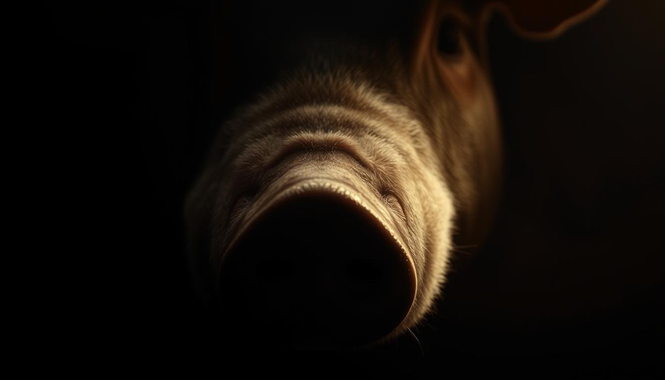 A finely detailed portrait of a "pig's snout" nose, showcasing its distinctive features. The subject is captured in a dimly lit, atmospheric setting, with dramatic chiaroscuro lighting accentuating the contours and shadows. The nose appears narrow at the bridge, gradually widening towards the nostrils, conveying a sense of financial fortune and potential risk. The depth of field is shallow, placing the nose in sharp focus while the background fades into a soft, hazy blur, drawing the viewer's attention to the central subject. The overall mood is one of introspection and mysticism, hinting at the hidden meanings and insights to be explored within this unique facial feature.