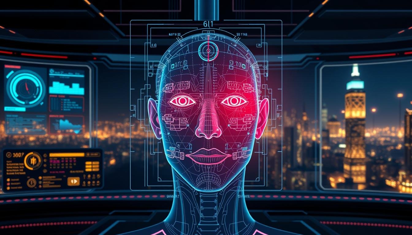 A futuristic and high-tech illustration of "AI 面相解碼". In the foreground, a human face is being scanned and analyzed by a cutting-edge AI system, with colorful data visualizations and biometric measurements overlaying the image. The middle ground features a sleek, minimalist interface with various control panels and menus, reflecting the advanced technology powering the facial analysis. The background depicts a serene, glowing cityscape, hinting at the integration of this AI-driven face reading capability into the modern urban landscape. The overall mood is one of scientific innovation, precision, and the seamless fusion of human and machine intelligence.