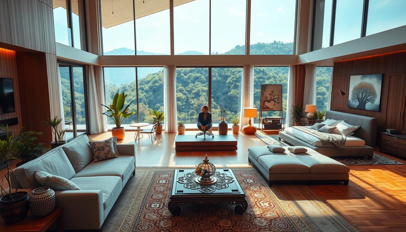 A grand, expansive scene showcasing the harmonious arrangement of spaces, illuminated by warm, natural lighting. In the foreground, a cozy living room with a sleek, minimalist sofa and an ornate, wooden coffee table. Nearby, a tranquil meditation corner with a zen garden and plush cushions. In the middle ground, a modern office setup with a sturdy desk, ergonomic chair, and potted plants. In the background, a serene bedroom with a plush, oversized bed, and a stunning view of a lush, verdant landscape through large windows. The overall composition exudes a sense of balance, prosperity, and the flow of positive energy, embodying the principles of "龍骨仙人掌風水."